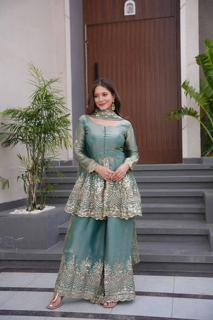 Designer Party Wear Two-Tone Fendy Satin Silk Gown Sharara Set with Heavy Embroidery, Real Mirror Work & Dupatta
