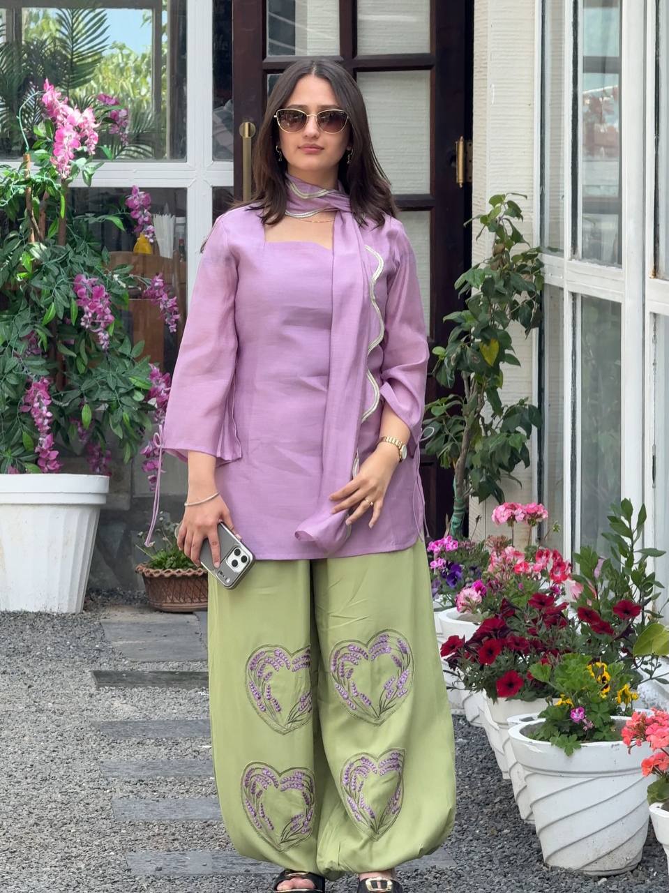 Designer Mal Chanderi Cotton Top With Embroidered Balloon Pant & Dupatta Set