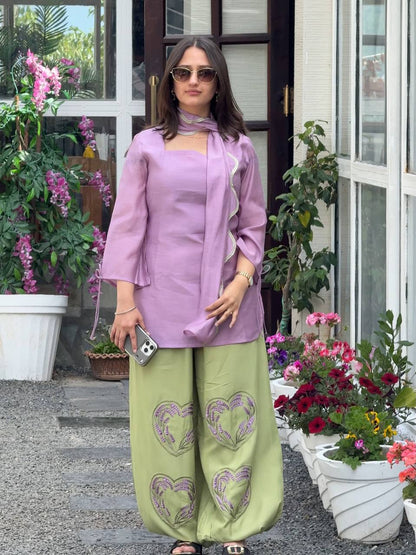 Designer Mal Chanderi Cotton Top With Embroidered Balloon Pant & Dupatta Set