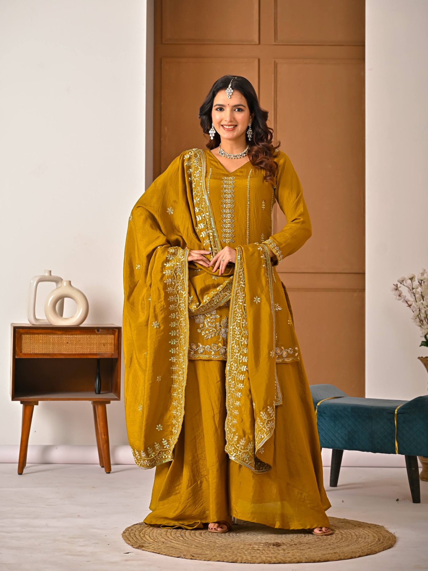 Women's Heavy NC Vichitra Embroidered Sharara Set with Dupatta