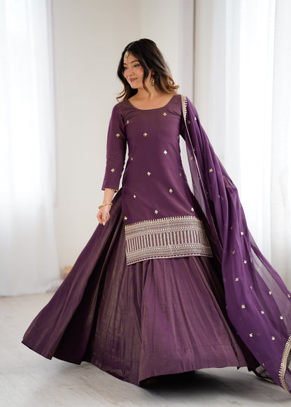 Premium Roman Shimmer Silk Kurta Lehenga Set for Women