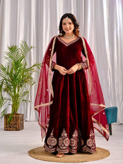 Royal Party Wear Velvet Anarkali Suit with Embroidered Net Dupatta