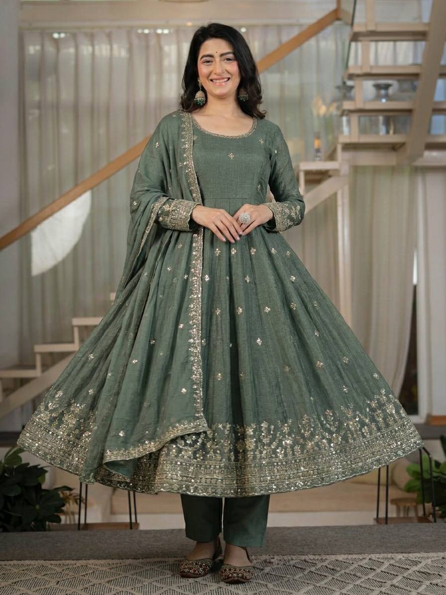 Women's Heavy Crunchy Silk Anarkali Suit Set with Embroidered Dupatta