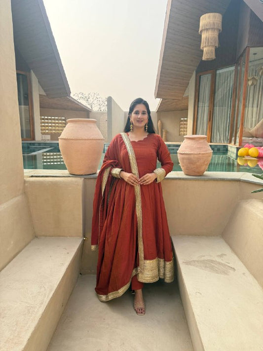 Heavy NC Vichitra Embroidered Anarkali Suit Set with Pant & Sequence Dupatta