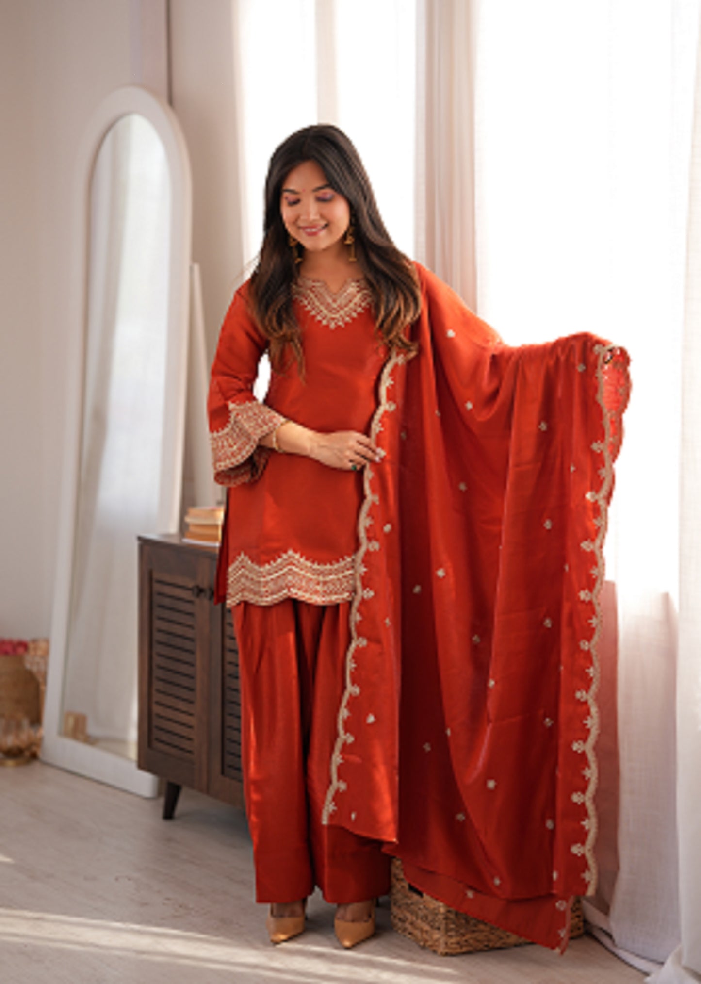 Designer Party Wear Farshi Suit Set | Glass Roman Silk | Ready to Wear