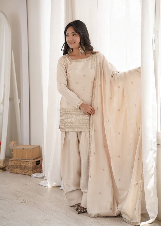Premium Glass Roman Silk Embroidered Farshi Suit Set with Designer Dupatta