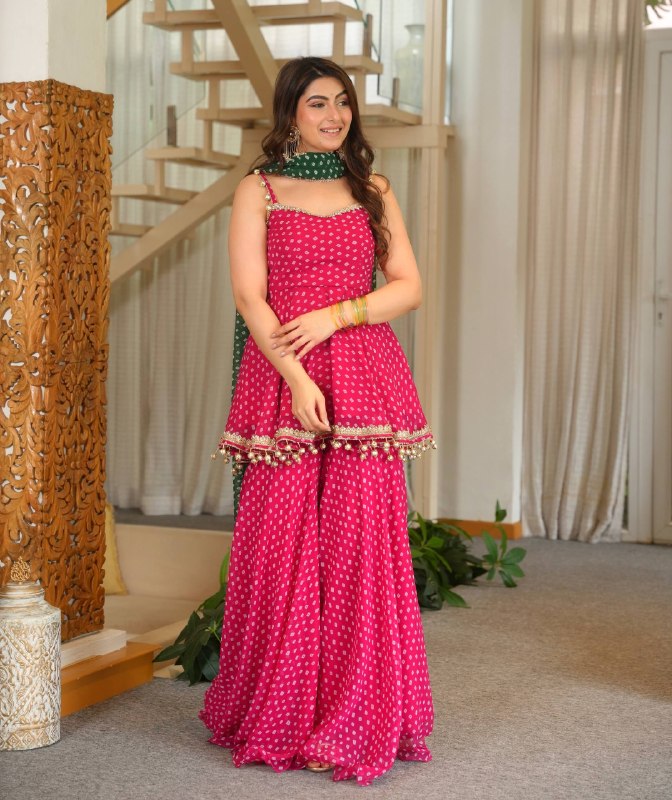 Designer Bandhej Print Kediya Palazzo Set With Dupatta