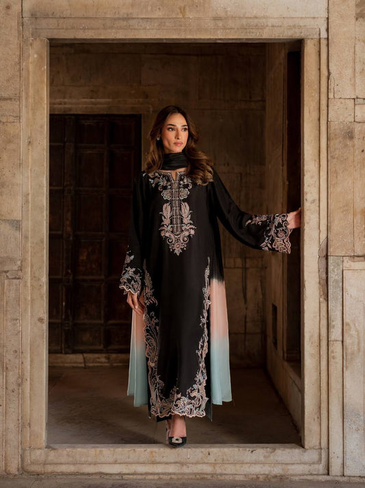 Women's Designer Embroidered Satin Rayon Kaftan Set with Pant & Shaded Chiffon Dupatta