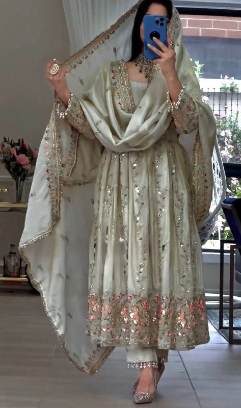 Elegant Pure Sheesha Silk Embroidered Gown Set with Dupatta & Bottom