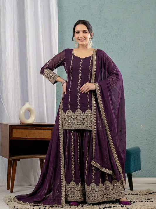 Women's Heavy Crunchy Silk Embroidered Sharara Suit Set with Sequins Work & Dupatta