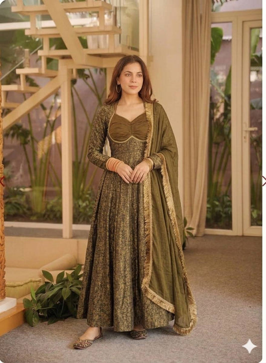 Women's Floral Brocade Jacquard Anarkali Suit Set with Pant & Dupatta