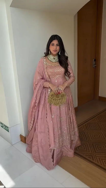 Elegant Blush Pink Hand Embroidered Crap Silk Anarkali Set