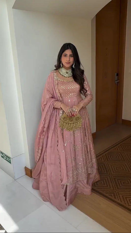 Elegant Blush Pink Hand Embroidered Crap Silk Anarkali Set