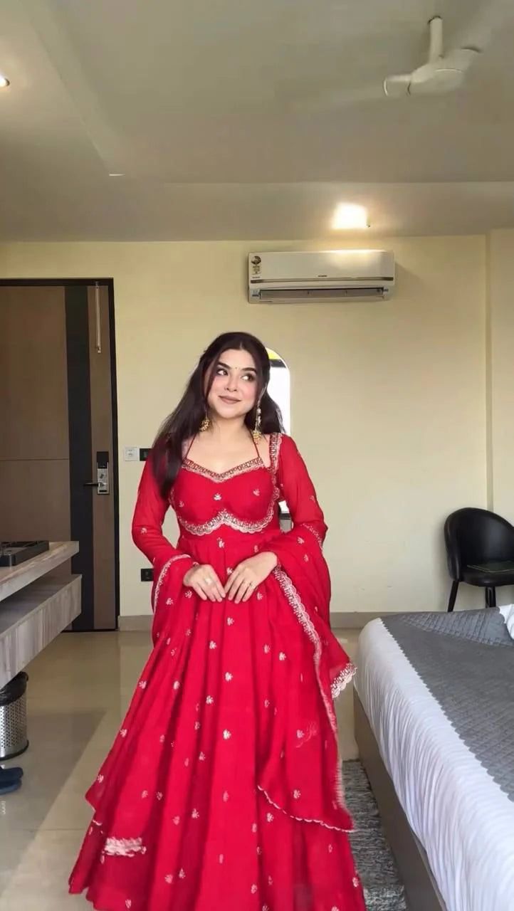 Wedding Wear Faux Georgette Anarkali with Embroidered Dupatta