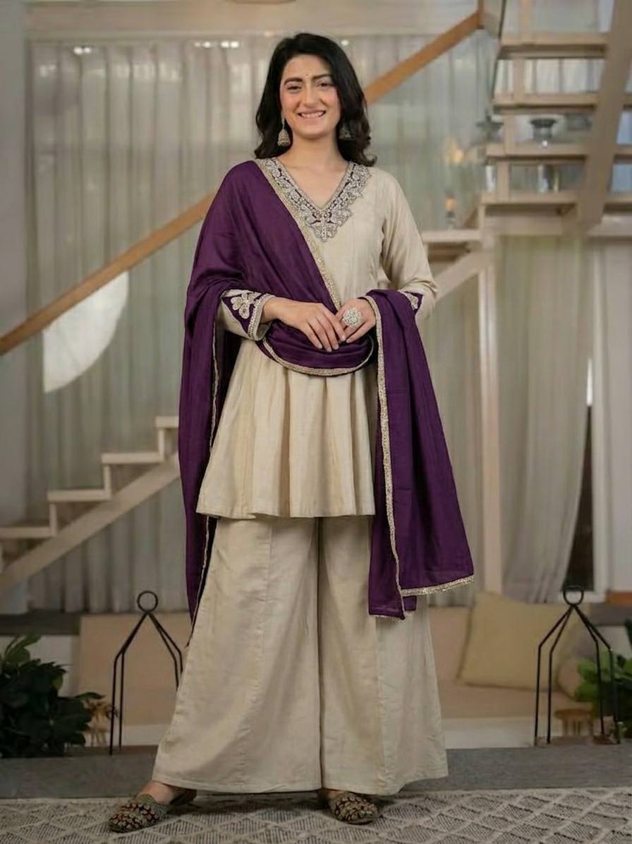 Women's Heavy Roman Silk Embroidered Sharara Suit Set with Hand Work, Chinnon Silk Dupatta