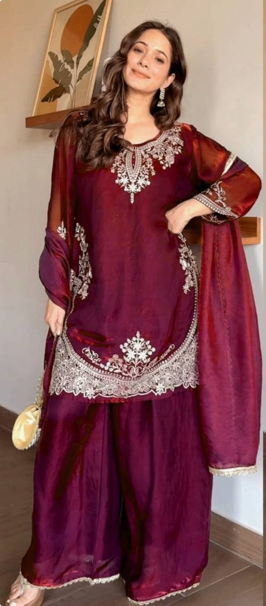 Elegant Fendy Silk Sharara Set with Sequin Embroidery