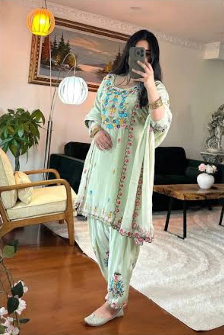 Elegant Chinnon Silk Dhoti Style Suit with Heavy Sequence Embroidery