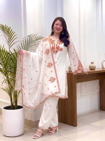 Pure Roman Silk Embroidered Plazzo Suit Set with Tassel Sleeves & Dupatta