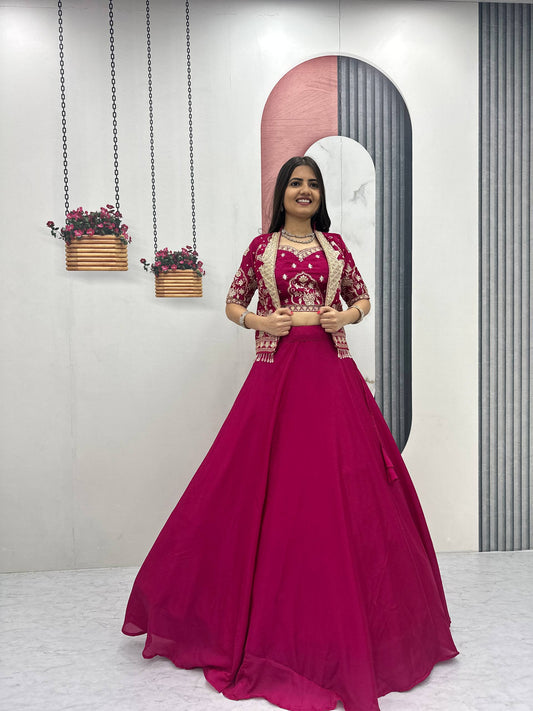 Designer Chinon Crop Top Lehenga Set with Heavy Embroidery Jacket