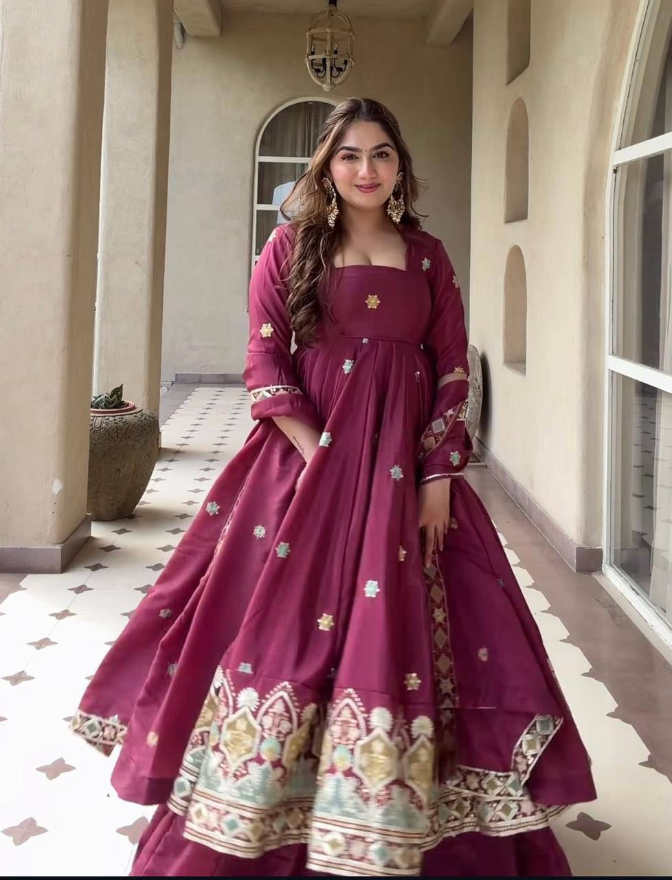 Heavy Natural Crepe Silk Embroidered Anarkali Suit Set with Palazzo & Dupatta