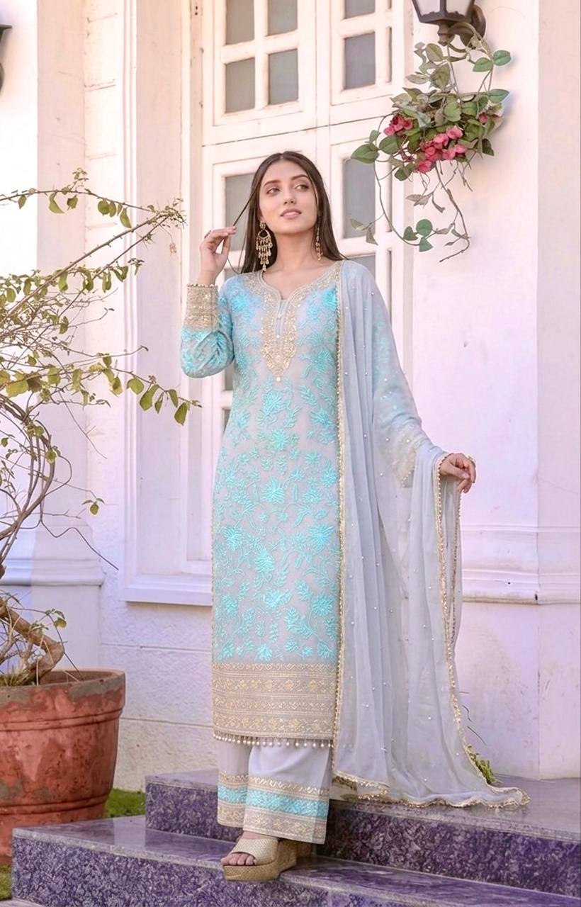 Elegant Faux Georgette Embroidered Kurta Plazzo Set with Dupatta