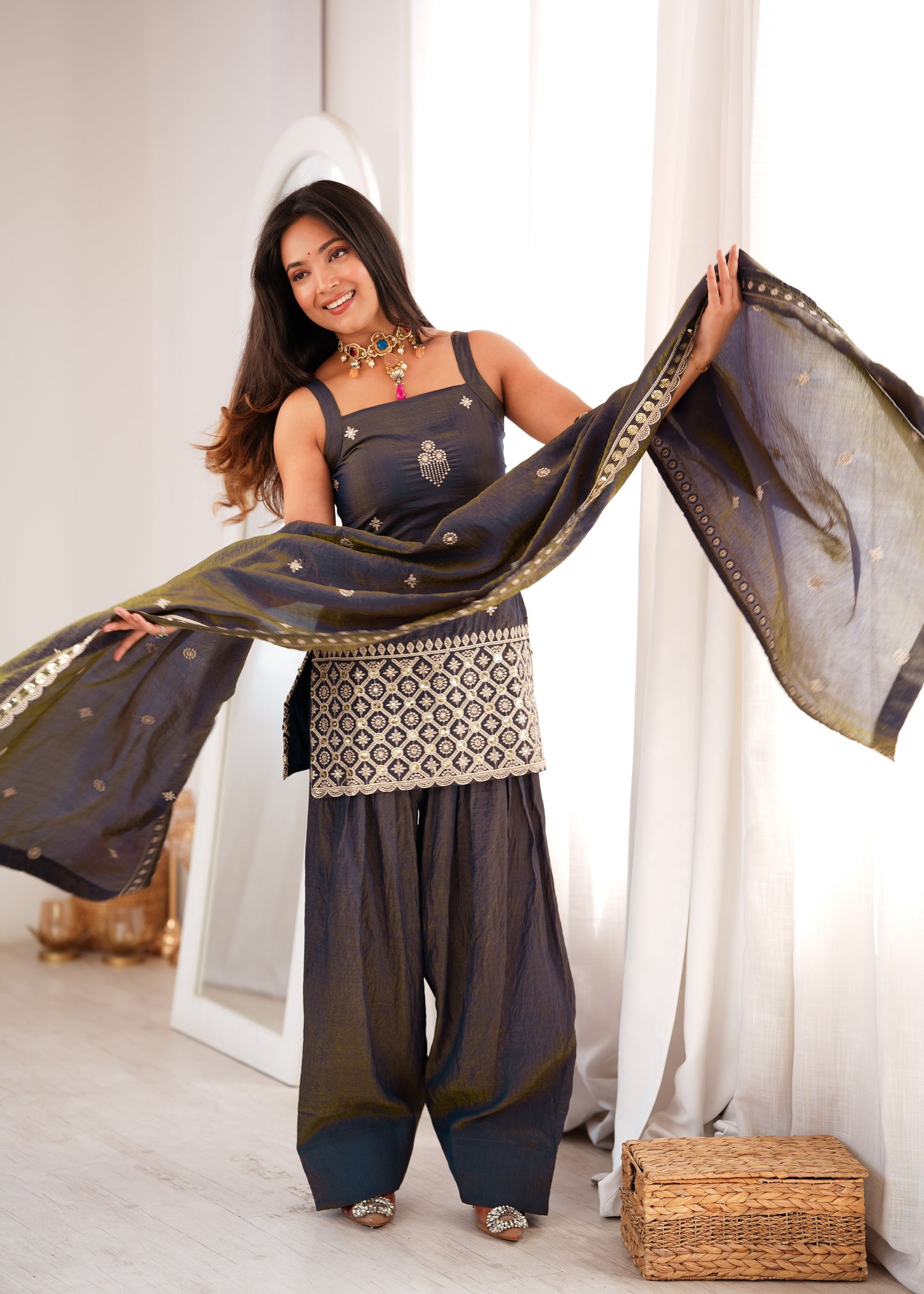 Premium Ethnic NC Vichitra Silk Kurta Farshi Shalwar Set