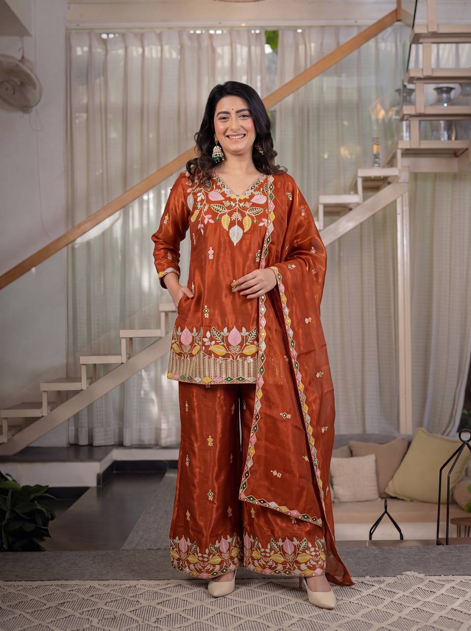 Premium Sindoori Satin Silk Embroidered Palazzo Suit Set for Women