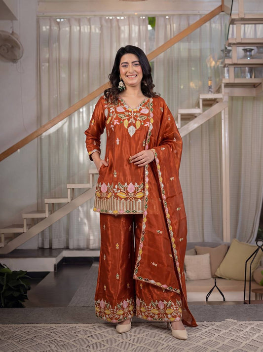 Premium Sindoori Satin Silk Embroidered Palazzo Suit Set for Women