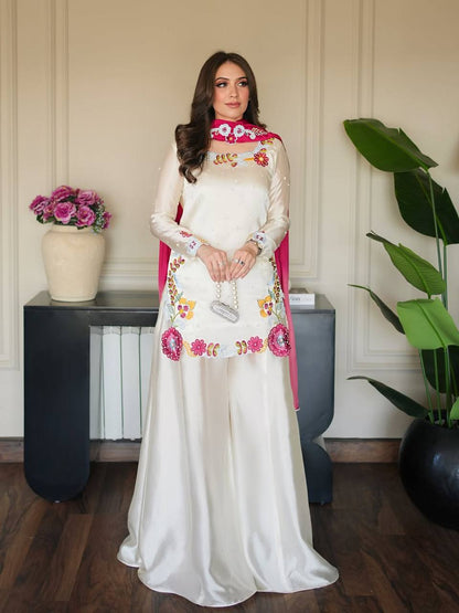 Heavy Roman Glass Silk Embroidered Sharara Suit Set with Chiffon Dupatta