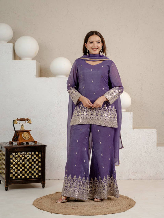 Graceful Sequin Embroidered Crunchy Silk Kurta Palazzo Set