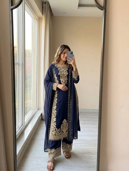Luxury Faux Georgette Kurta Palazzo Set with Lace Dupatta