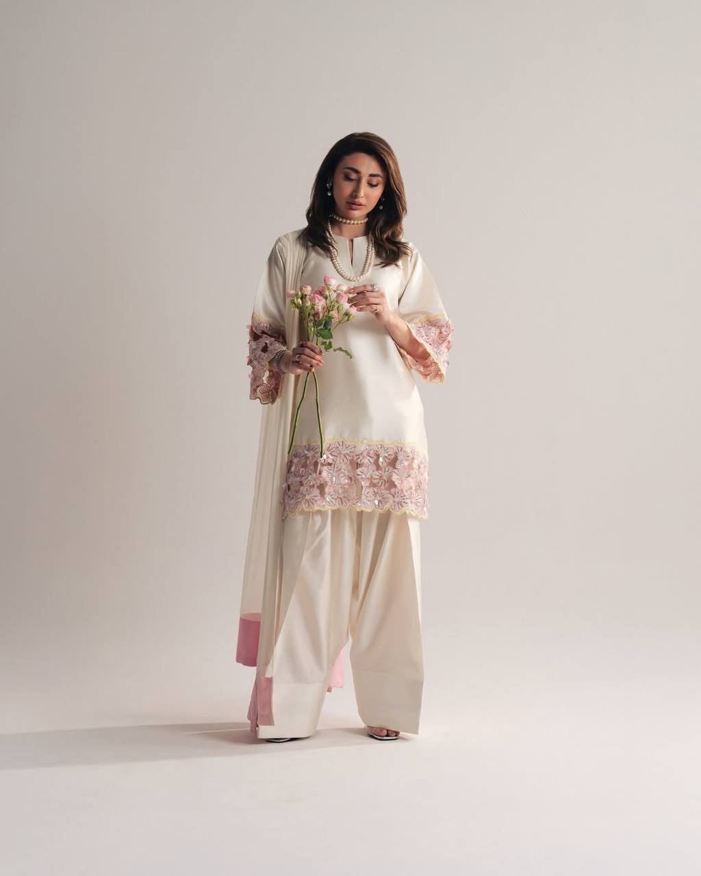 Designer Crepe Silk Farshi Salwar Suit with Moti Work