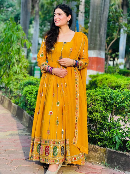 Women’s Faux Georgette Anarkali Suit with 5mm Sequins Embroidery Work, Fully Stitched, Party Wear Set with Dupatta & Pant