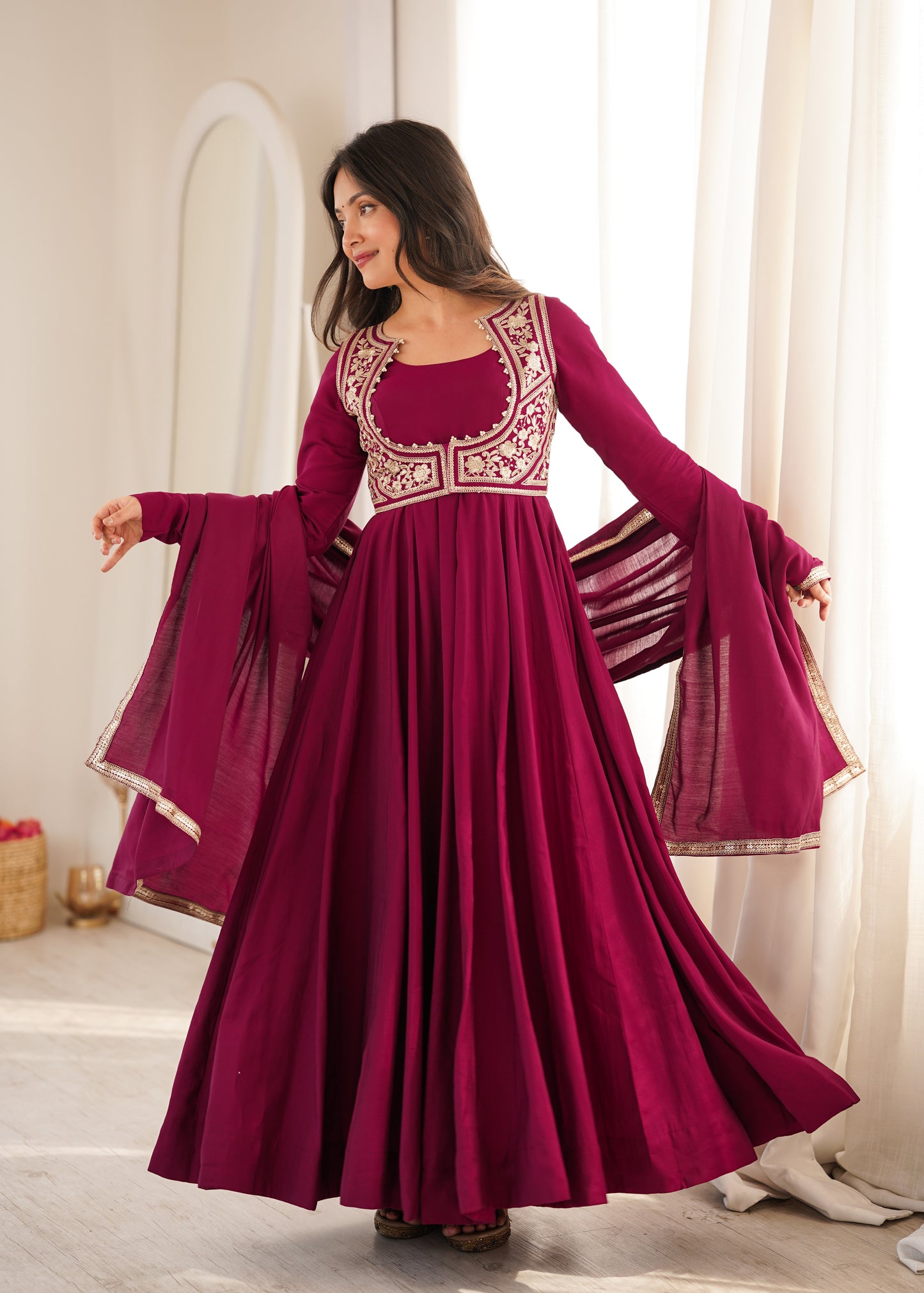 Women's Heavy Roman Silk Chanderi Anarkali Gown Set with Fancy Jacket & Embroidered Dupatta