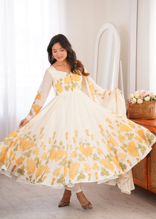 Women's Heavy Organza Silk Floral Print Anarkali Gown Set with Dupatt