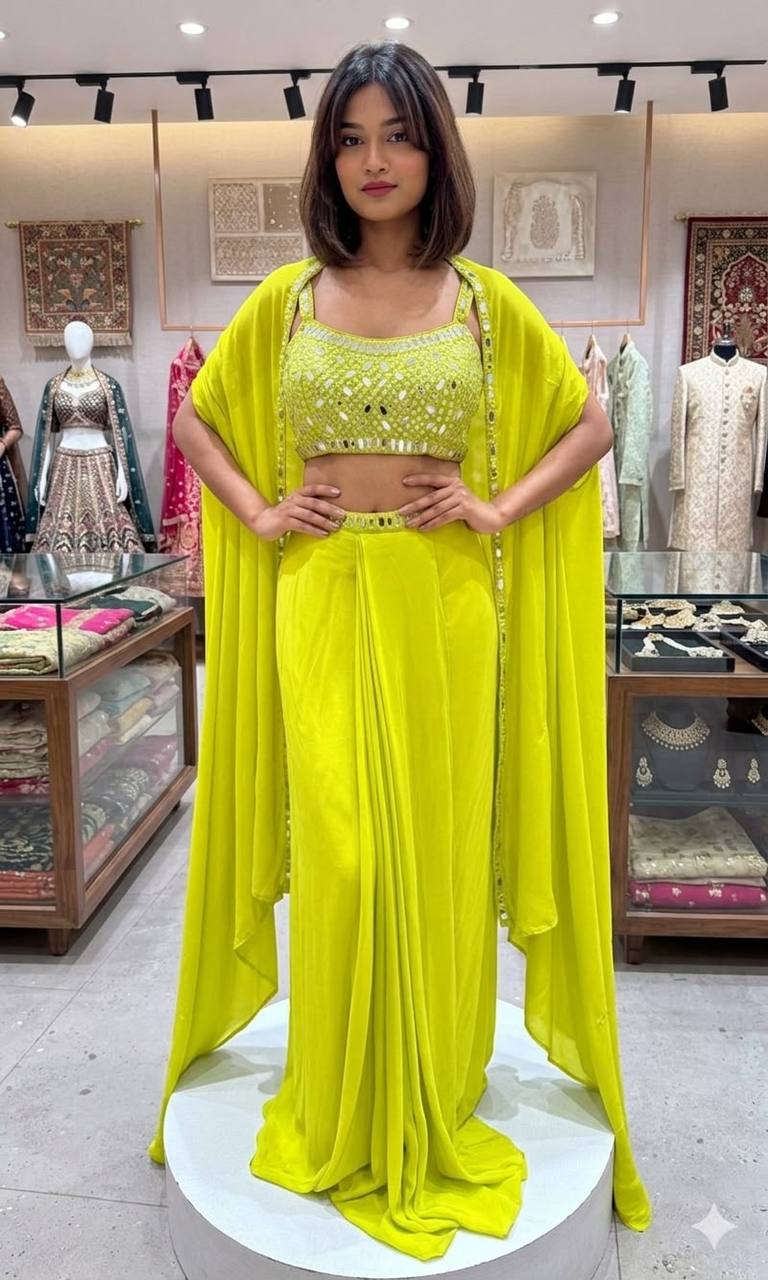 Women's French Crepe Mirror Work Lehenga Choli with Shrug