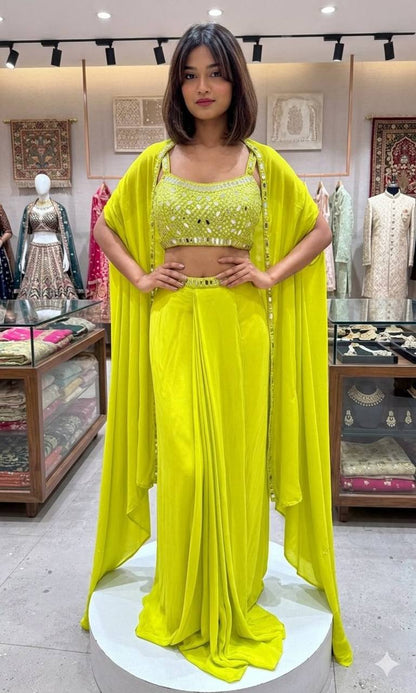 Women's French Crepe Mirror Work Lehenga Choli with Shrug