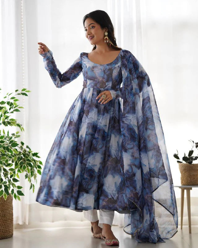 Women’s Pure Soft Organza Silk Marble Print Anarkali Suit Set with Gota Patti Dupatta