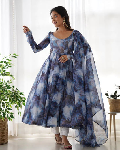 Women’s Pure Soft Organza Silk Marble Print Anarkali Suit Set with Gota Patti Dupatta