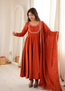 Premium Roman Chanderi Silk Anarkali Suit with Pant & Dupatta