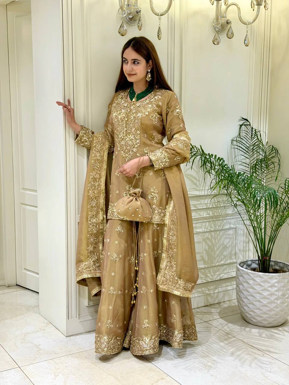 Women's Pure NC Moss Silk Embroidered Kurta Palazzo Set with Dupatta