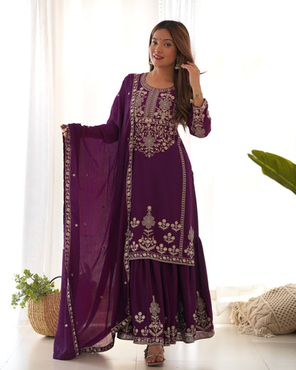 Designer Chinon Silk Kediyakurta with Sharara & Dupatta Set