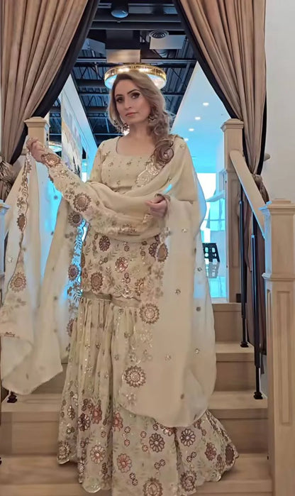 Designer Heavy Chinnon Silk Sequin Embroidered Sharara Palazzo Set with Dupatta