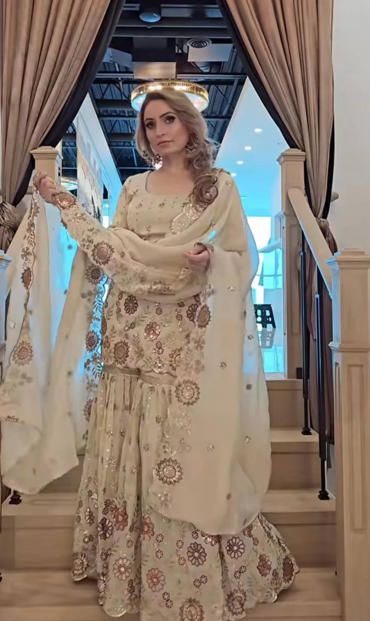 Designer Heavy Chinnon Silk Sequin Embroidered Sharara Palazzo Set with Dupatta