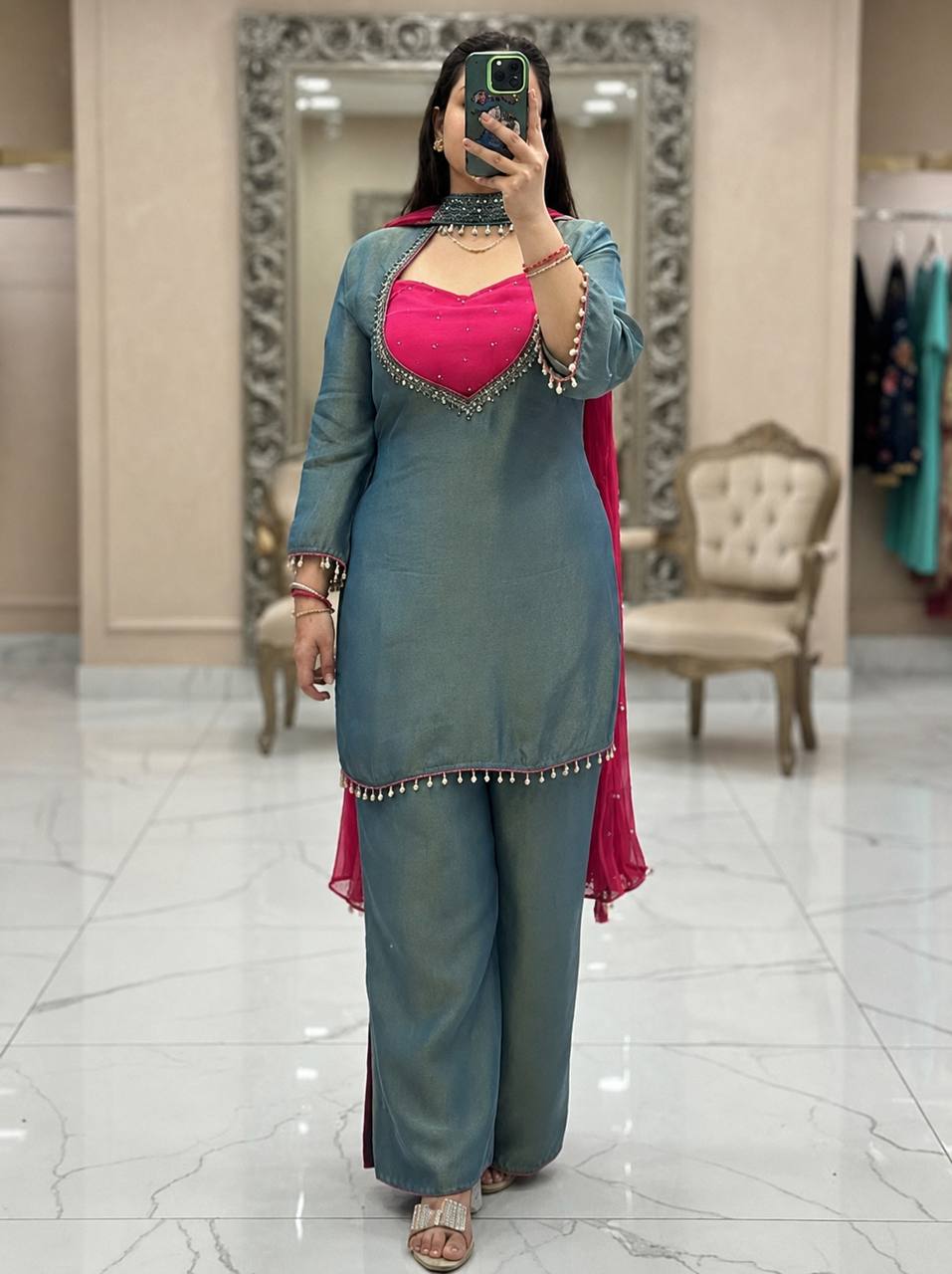 Women's Roman Glass Silk Mirror Work Kurti Palazzo Set with Bustier & Fendy Silk Dupatta