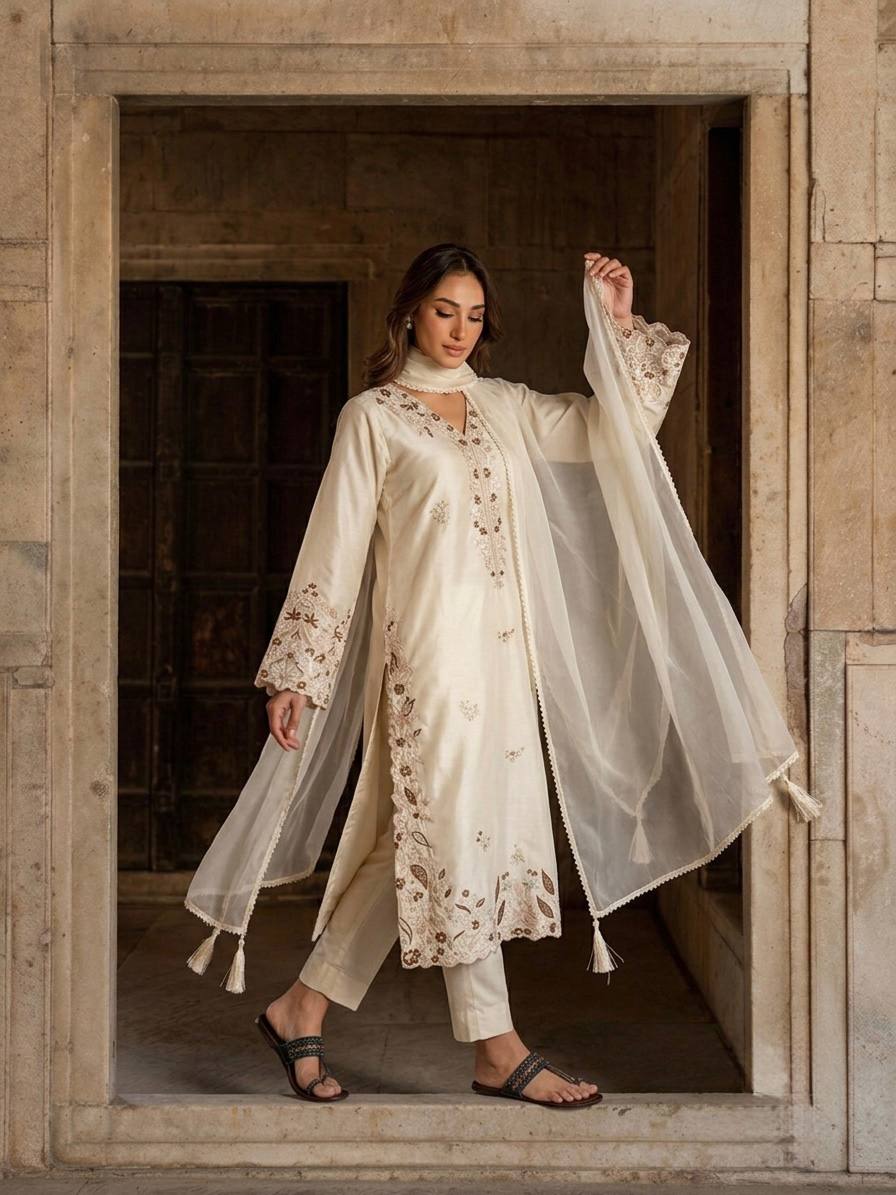 Women's Ethnic Long Kaftan Set with Sequin Embroidery
