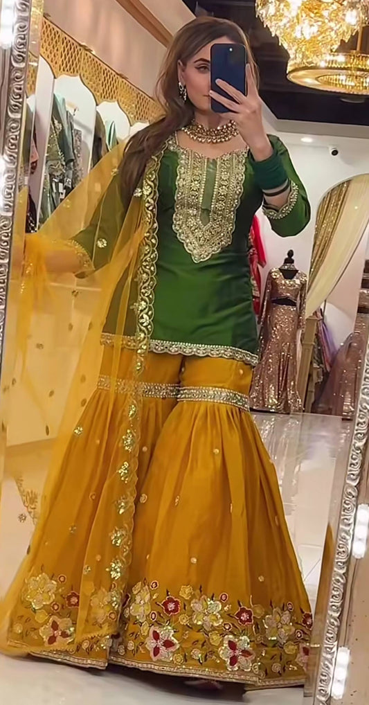 Heavy Faux Georgette Silk Embroidered Sharara Palazzo Set with Butterfly Net Dupatta