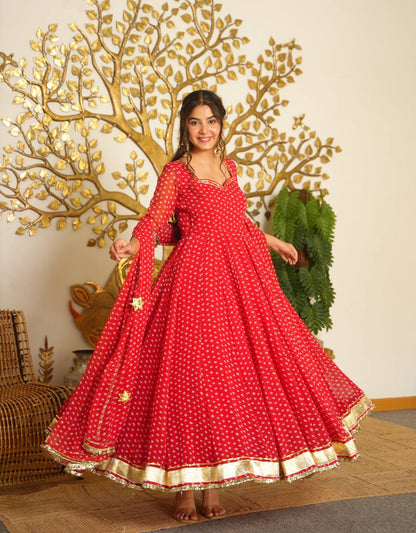 Bandhej Print Faux Georgette Gown Set with Dupatta & Bottom