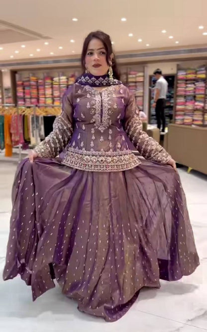 Designer Simmer Silk Lehenga Set with Embroidery, Zari & Moti Work
