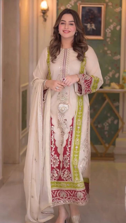 Premium Roman Silk Embroidered Kurta Set